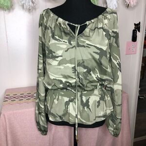 NWOT Michael Kors Womens Camo Long Sleeve Blouson Style Blouse Green XS